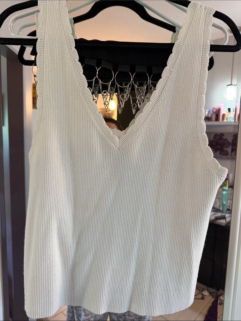 aerie Cream Ribbed V-Neck Tank with Scallop Trim